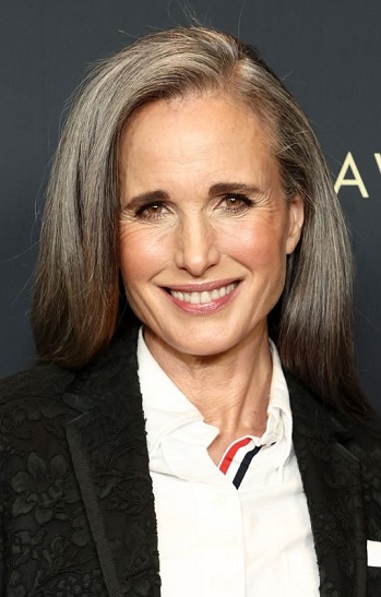 Andie MacDowell's Long Straight Gray Hairstyle - 20220311