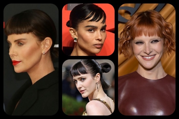 Trending Hairstyles with Baby Bangs Feature Collage