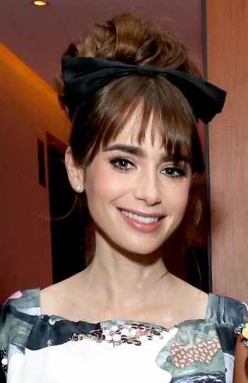 Lily Collins - Intricate Updo/Bangs/Bow - [Hairstylist: Gregory Russell] - 20211215
