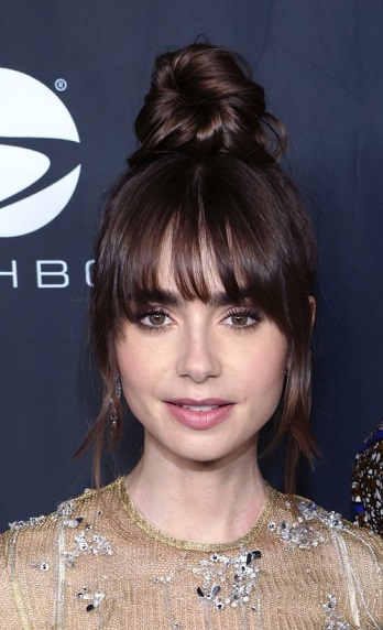 Lily Collins' Intricate Updo/Wispy Bangs - [Hairstylist: Gregory Russell] - 20221008