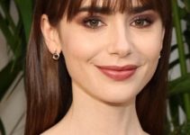 Lily Collins – Long Straight Hairstyle/Wispy Bangs (2022) – Ralph Lauren SS23 Runway Show