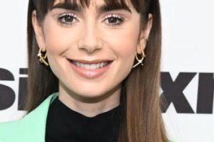 Lily Collins – Long Straight Flip Hairstyle/Wispy Bangs (2022) – SiriusXM’s Town Hall