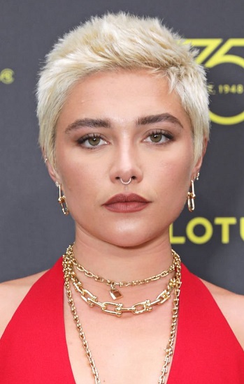 Florence Pugh - Feminine Crew Cut with Freshly Iced Tips (2023) - [Hairstylist: Peter Lux]